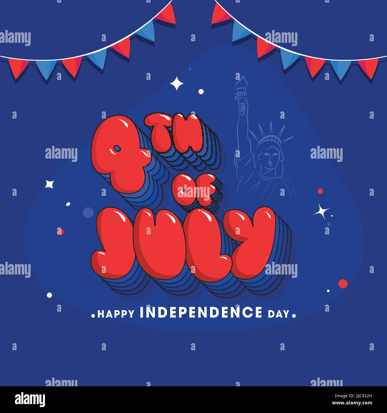 Layered 4th of July Font with Line Art Statua della libertà e Bunting Flags on Blue background for Happy Independence Day. Illustrazione Vettoriale