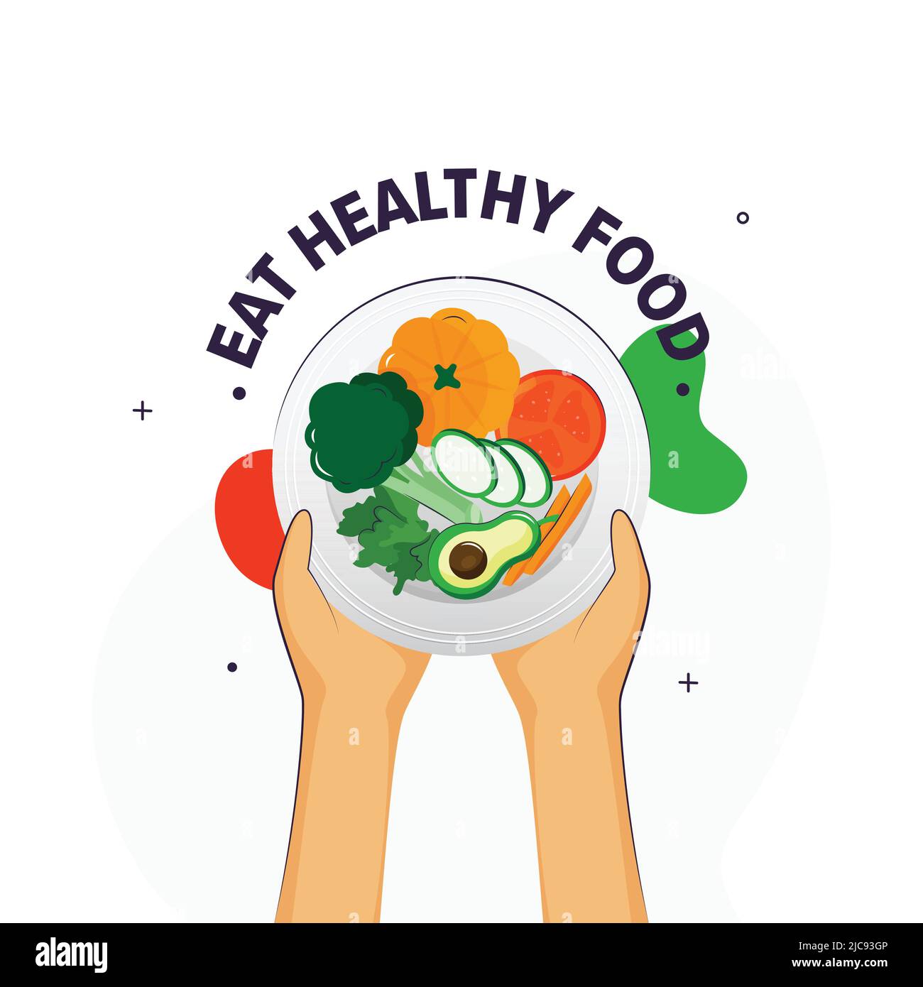 Mangia il concetto di cibo sano con le mani che tiene piatto pieno di dieta Vegan su sfondo bianco. Illustrazione Vettoriale