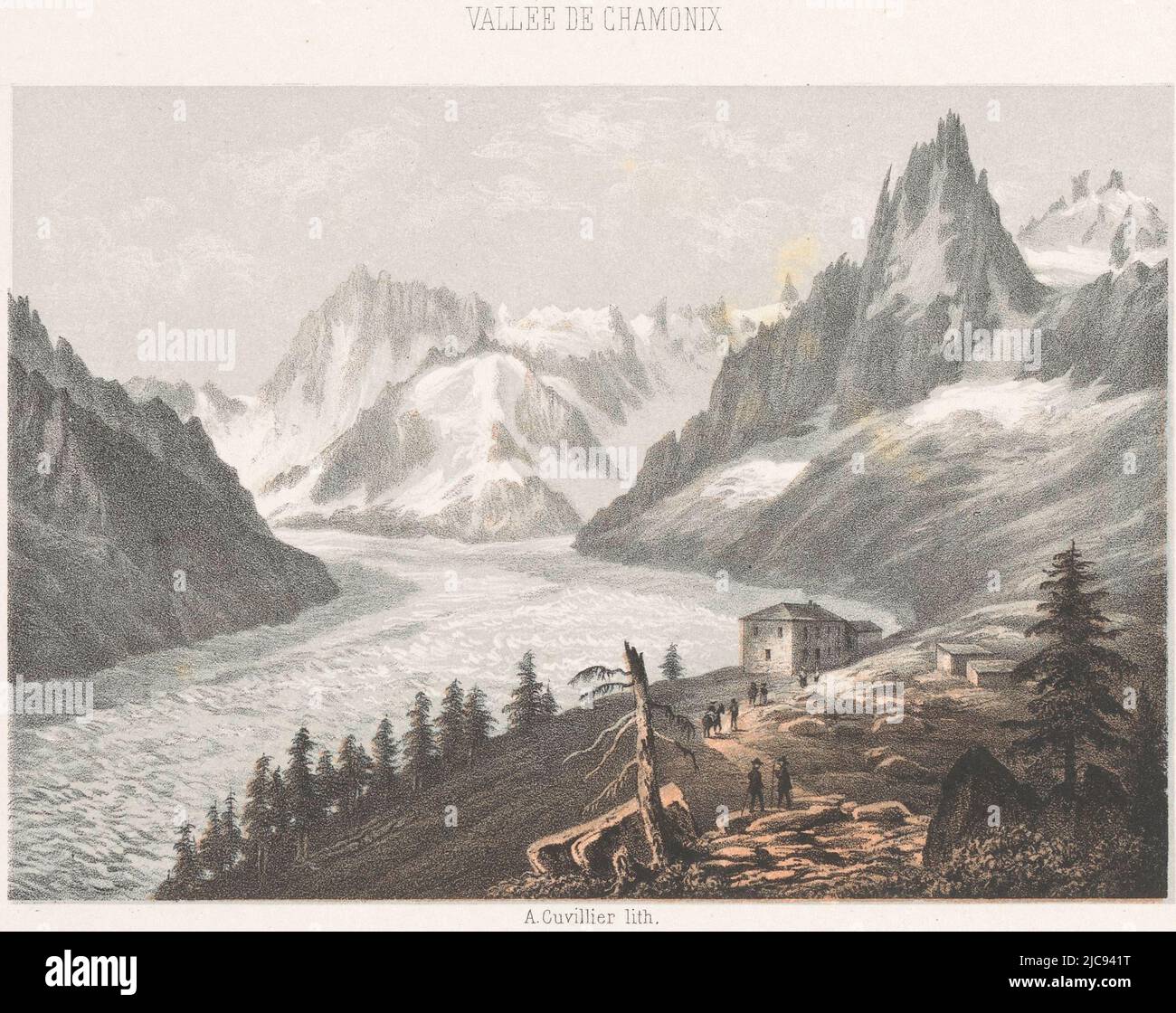 Vista di le Chapeau vicino al Mer-de-Glace le Chapeau ghiacciaio memoria di Chamonix-Mont-Blanc Museum du Mont-Blanc , tipografo: Ad. Cuvallier, (menzionato sull'oggetto), stampante: Francois Louis Catier, (menzionato sull'oggetto), editore: Venance Payot, (menzionato sull'oggetto), stampante: Parigi, Editore: Chamonix, 1858, carta, h 167 mm - l 240 mm Foto Stock