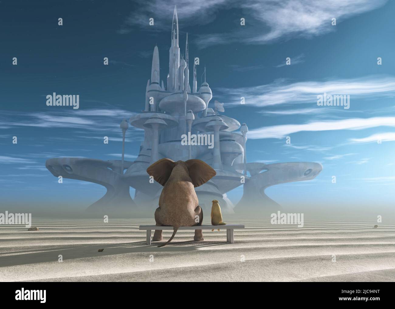 Elephant and Dog siediti nel deserto e guarda la città futuristica Foto Stock