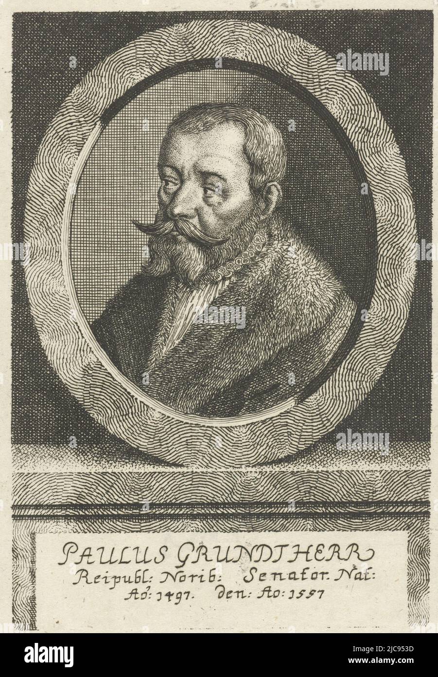 Ritratto di Paulus Grundherr, senatore a Norimberga, Ritratto di Paulus Grundherr, tipografo: Johann Friedrich Leonard, 1643 - 1680, carta, incisione, h 146 mm x w 100 mm Foto Stock
