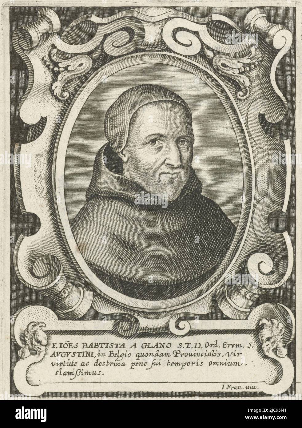 Ritratto di Augustine Joannes Baptista a Glano, tipografo: Cornelis Galle (i), Jacques Franckaert (II), (menzionato in oggetto), Paesi Bassi meridionali, 1636, carta, incisione, h 135 mm x l 105 mm Foto Stock