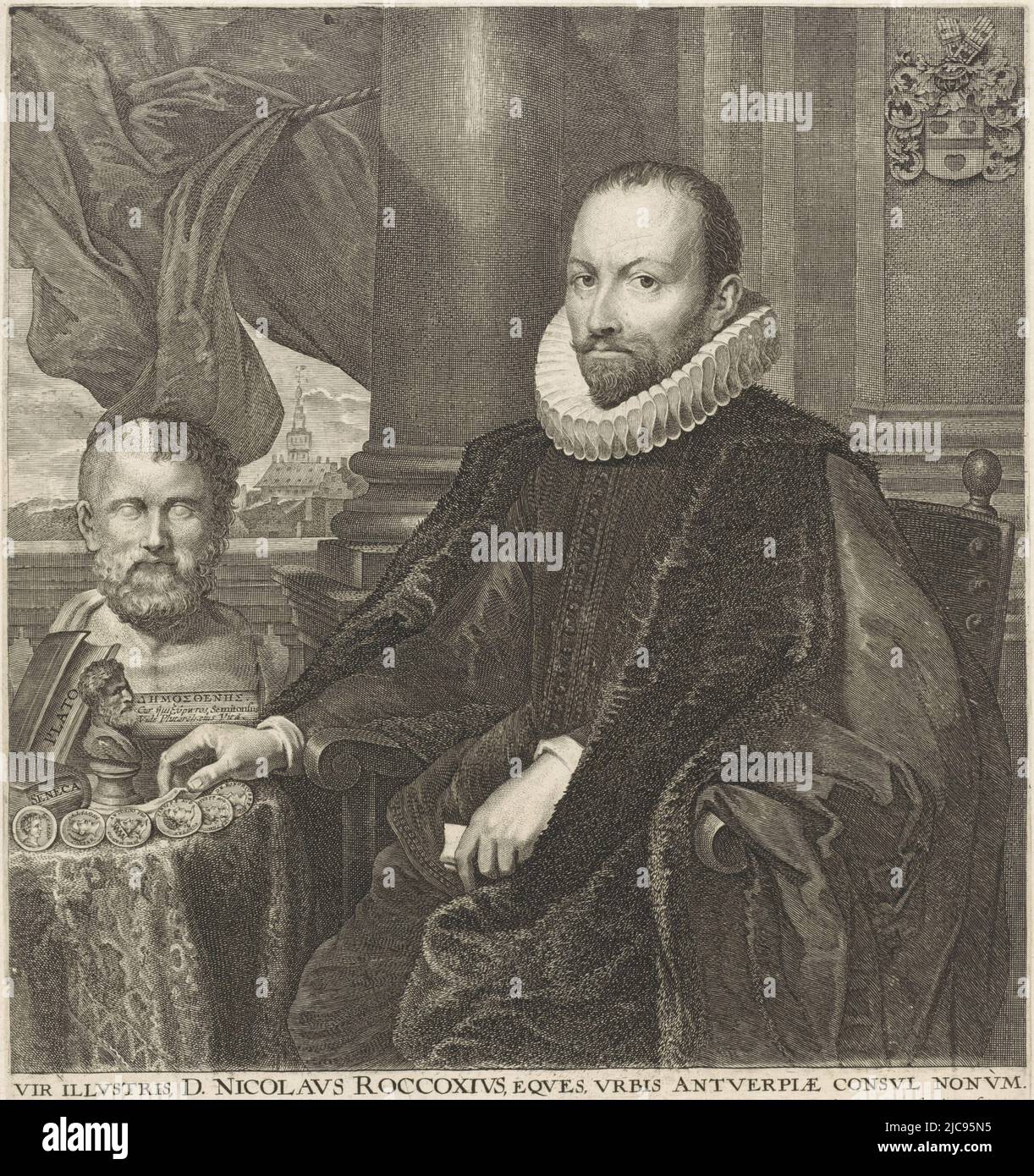 Ritratto di Nikolaas Rockox, sindaco di Anversa e amante dell'arte. Egli è seduto in un interno con libri e oggetti d'arte sul tavolo davanti a lui, tra cui un busto dell'oratore greco e politico Demostene. Ritratto di Nikolaas Rockox, tipografia: Lucas Vorsterman (i), (menzionato sull'oggetto), dopo: Anthony van Dyck, (menzionato sull'oggetto), Jean Gaspard Gevartius, (menzionato sull'oggetto), 1625 - 1666, carta, incisione, h 316 mm x l 267 mm Foto Stock