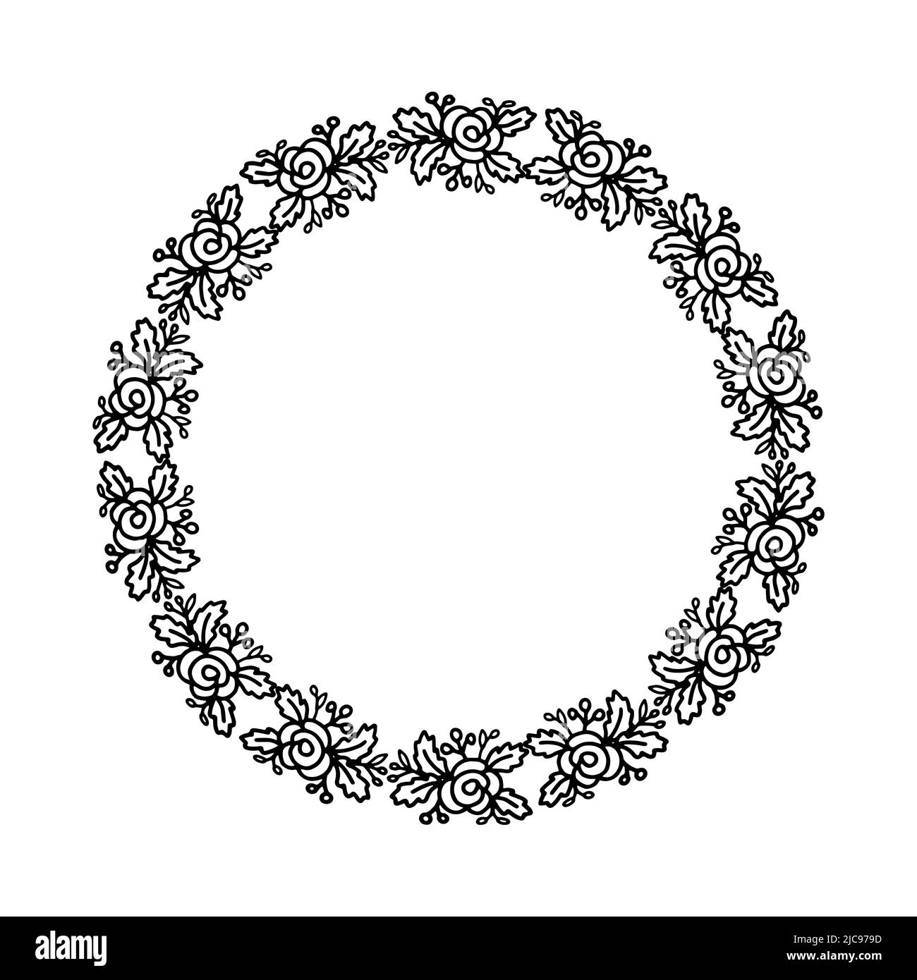 Corona floreale in bianco e nero con rosa per carte di design , inviti o pagine colorate Illustrazione Vettoriale