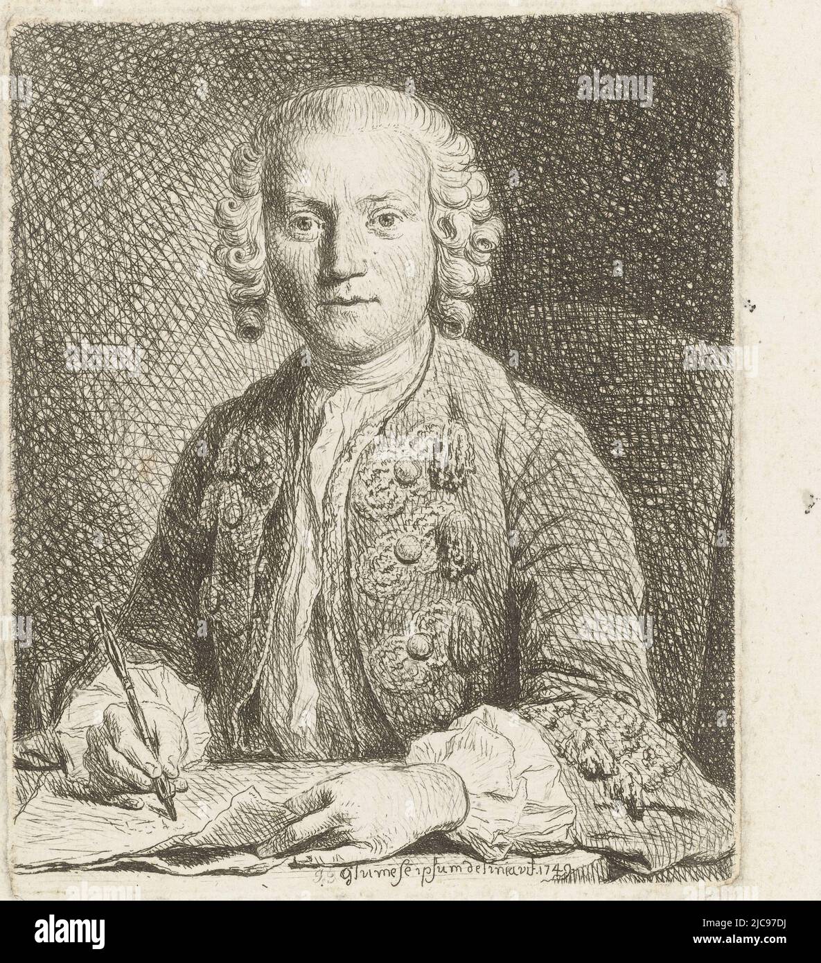 Autoritratto di Johann Gottlieb Glume, tipografo: Johann Gottlieb Glume, (menzionato sull'oggetto), Johann Gottlieb Glume, (menzionato sull'oggetto), 1749, carta, incisione, h 130 mm x l 109 mm Foto Stock