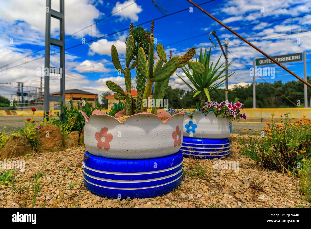 Cactus che cresce in piantatrici di vecchi pneumatici auto riciclati dalle linee ferroviarie presso la stazione ferroviaria Olite o Erriberri a Navarra, nel nord della Spagna Foto Stock