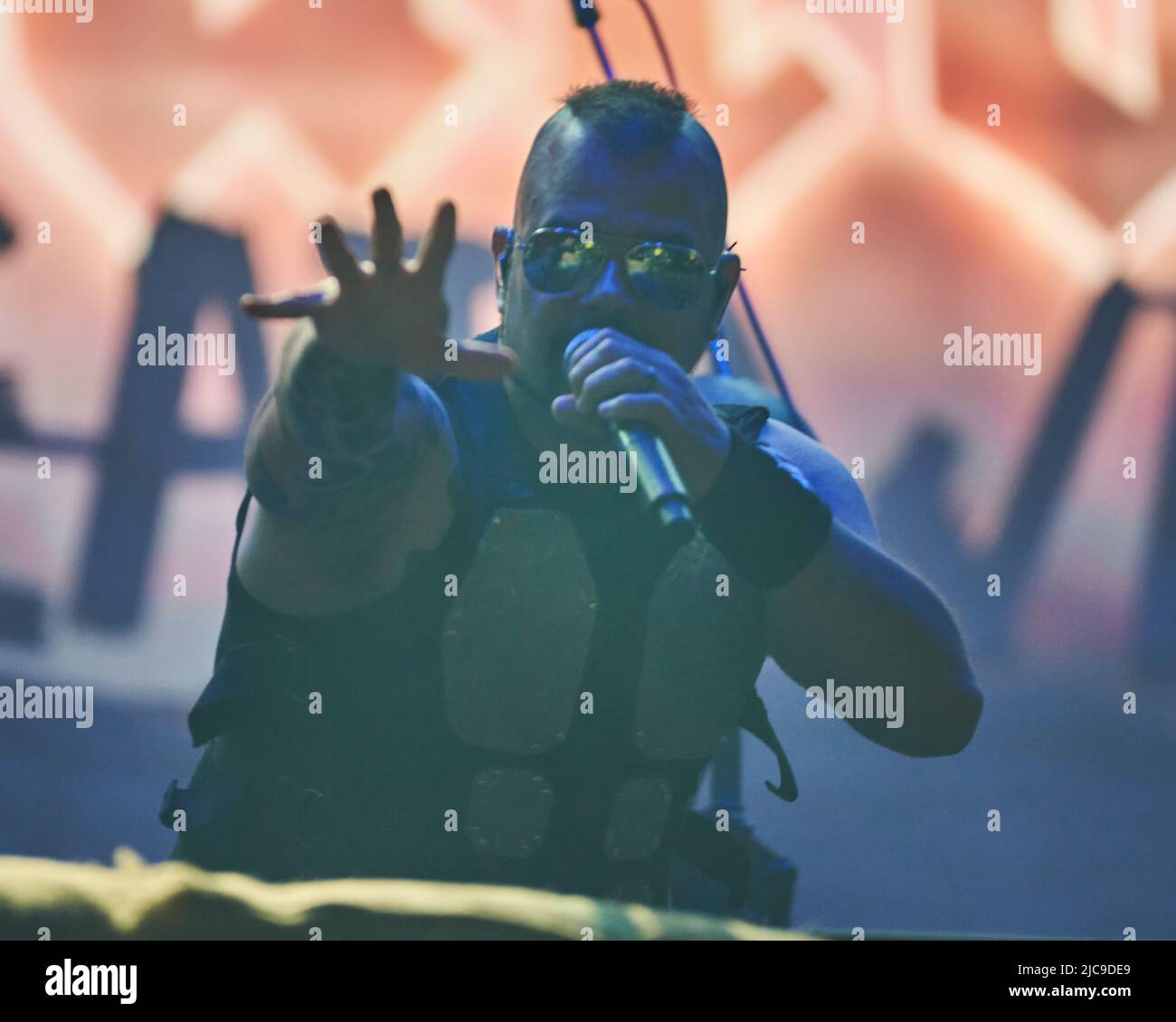 Joakim Broden di Sabaton suona al Bloodstock Festival, Catton Park Derbyshire, Regno Unito. 09 ago 2019. Credito: Will Tudor/Alamy Foto Stock