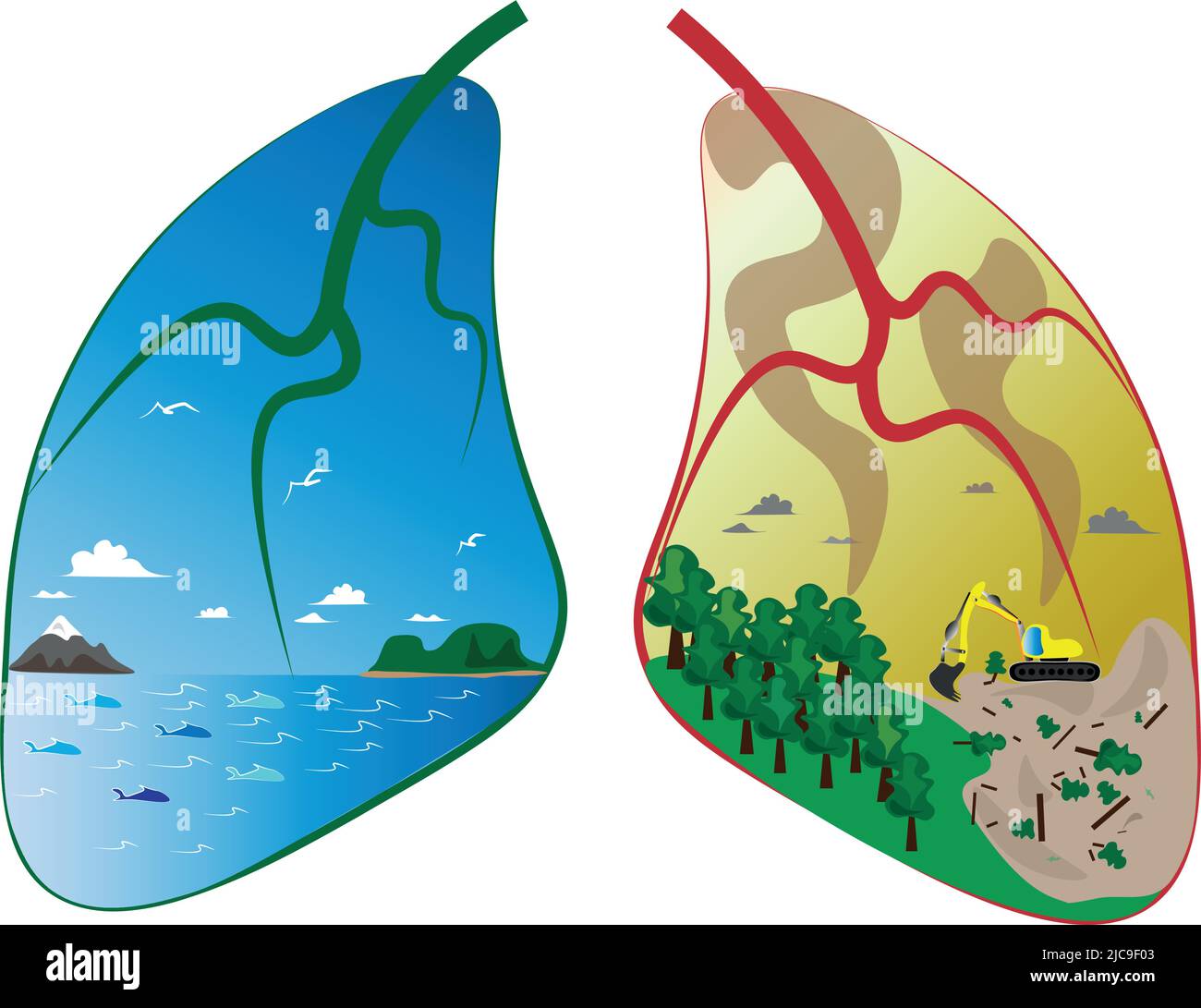 Illustrazione dei polmoni dell'ecologia del nostro mondo. I polmoni del nostro mondo personifica il pianeta terra, l'oceano dovrebbe essere pulito da rifiuti, anche p Illustrazione Vettoriale