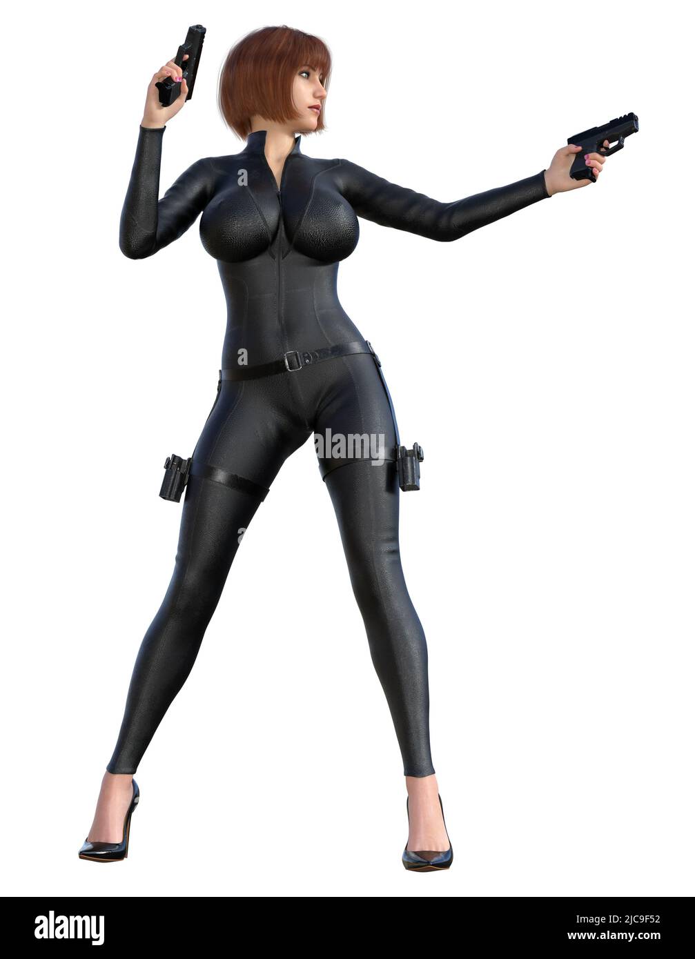 guerriero futuristico, donna attraente con pistola in un abito nero e scarpe, 3d rendering Foto Stock