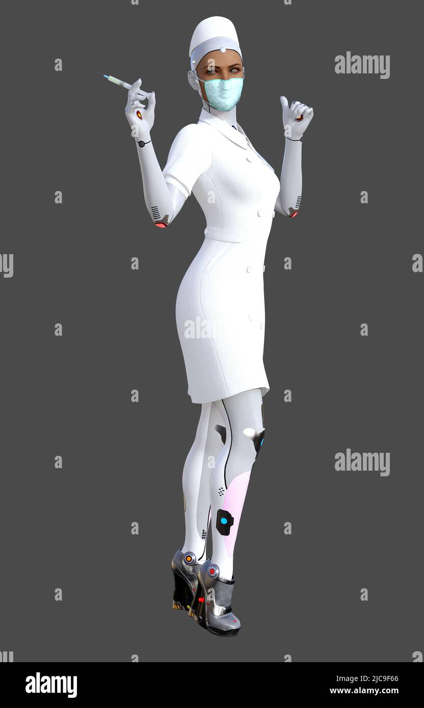 3d rappresentazione di un infermiere robotizzato con una siringa Foto Stock