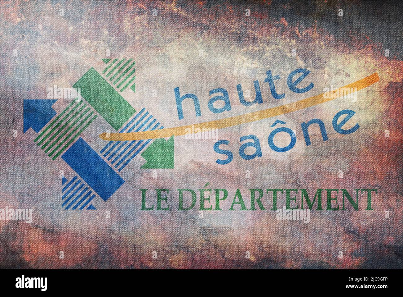 Vista dall'alto del dipartimento di retrogflag di Haute Saone, Francia con texture grunge. Viaggio francese e patriota concetto. Nessun flagpole. Progettazione di piani, layout. FL Foto Stock