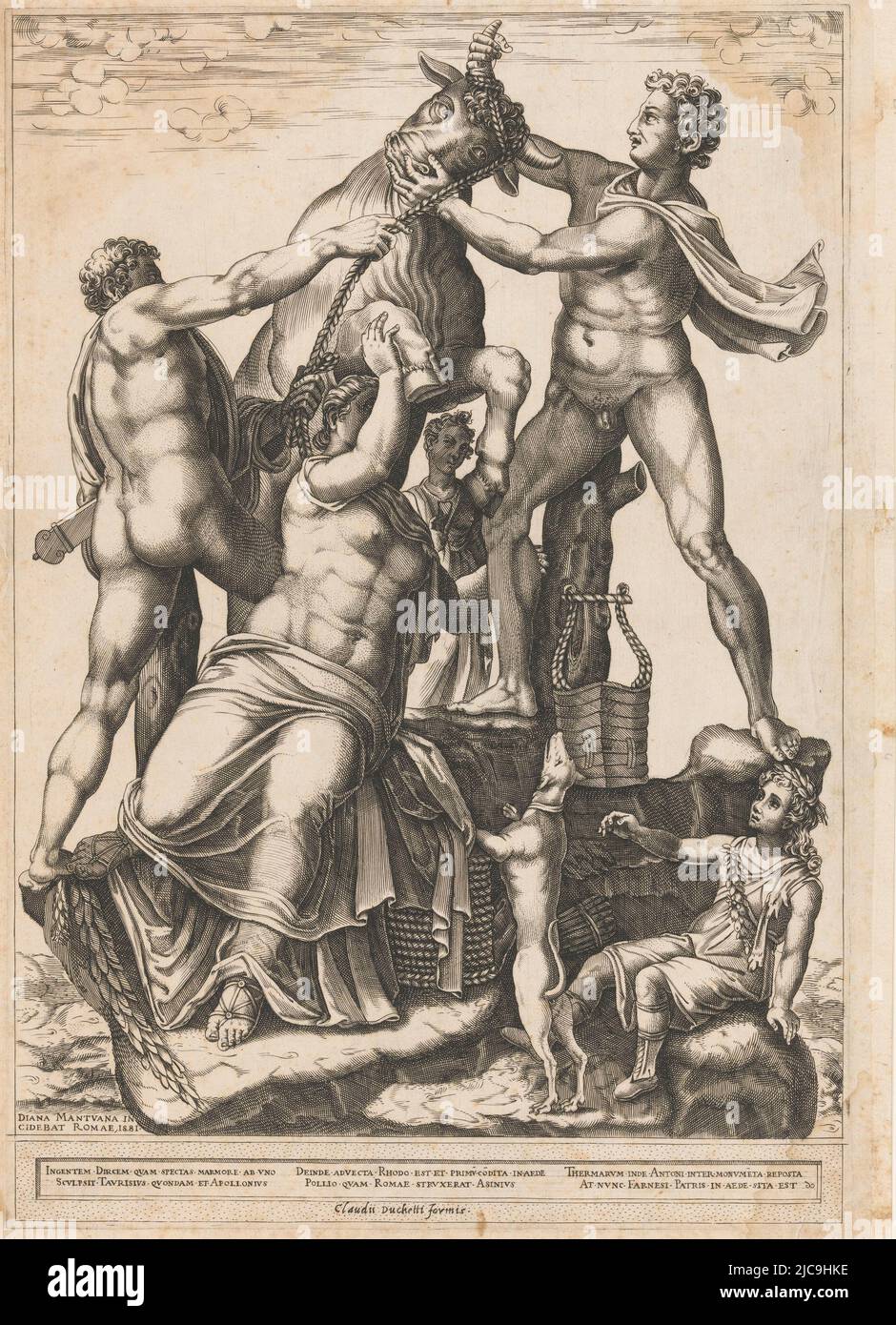 Scultura antica conosciuta come il toro Farnese i fratelli Amphion e Zetus legano i capelli intrecciati di Dirce alle corna di un toro tre colonne di testo latino in margine inferiore, Dirce è legato ad un toro Farnese, tipografo: Diana Mantuana, (menzionato in oggetto), anonimo, editore: Claude Duchet, (menzionato in oggetto), Roma, 1581, carta, incisione, h 399 mm x l 278 mm Foto Stock