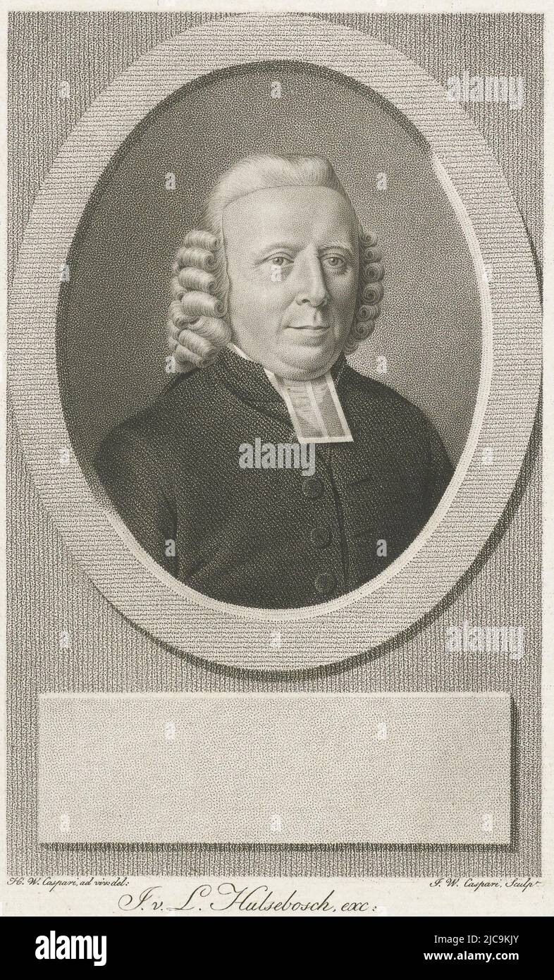 Ritratto in cornice ovale di Albertus Brink, predicatore di Leeuwarden Bust a destra indossa un manto di predicatore con un cofano bianco, Ritratto di Albertus Brink, tipografo: Jan Willem Caspari, (menzionato sull'oggetto), disegnatore intermediario: Hendrik Willem Caspari, (menzionato sull'oggetto), editore: J. van Ledden Hulsebosch, (citato in oggetto), Amsterdam, 1789-1822, carta, incisione, h 261 mm x l 181 mm Foto Stock