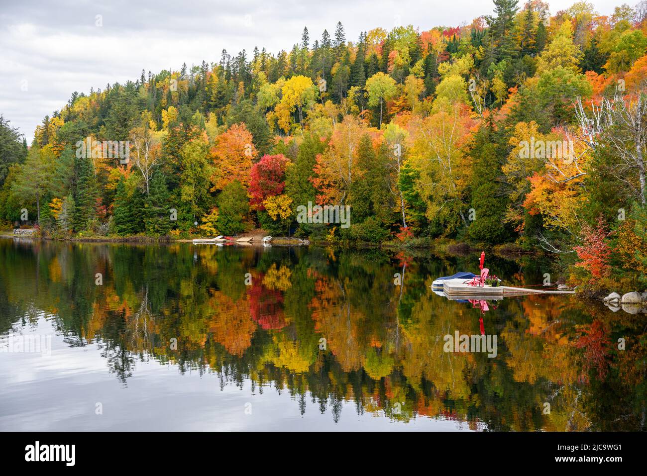 Sedie Adirondack su una piattaforma galleggiante su un lago circondato da una fitta foresta autunnale che si riflette in acqua. Splendidi colori autunnali. Foto Stock