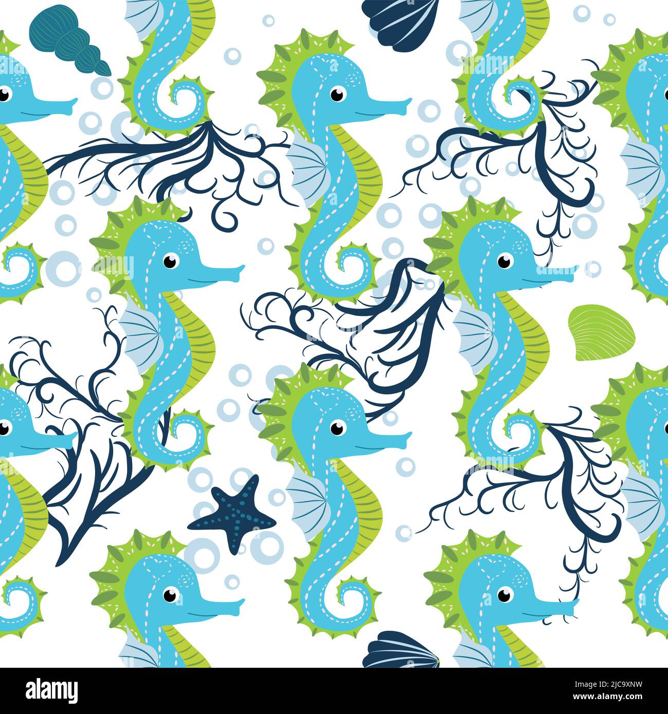 Carino cavallucci marini cartone animato senza cuciture pattern. Animali dell'oceano disegnati a mano. Spiaggia nautica, Sea life Fun subacquea acquario stampa. Illustrazione Vettoriale