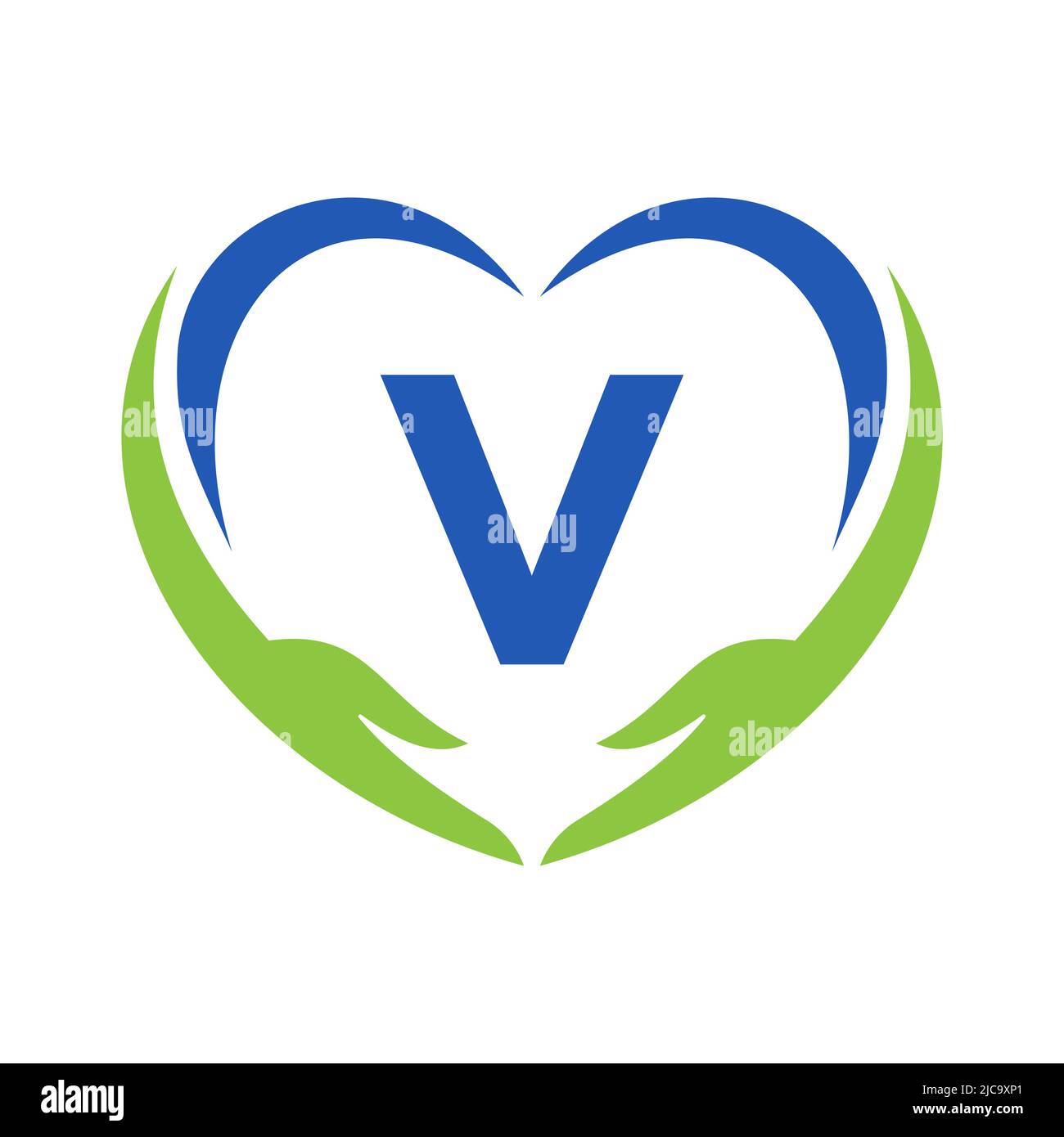 Logo Hand Care sulla lettera V. lettera V Logo Charity, Healthcare Care, Fondazione con simbolo della mano Illustrazione Vettoriale