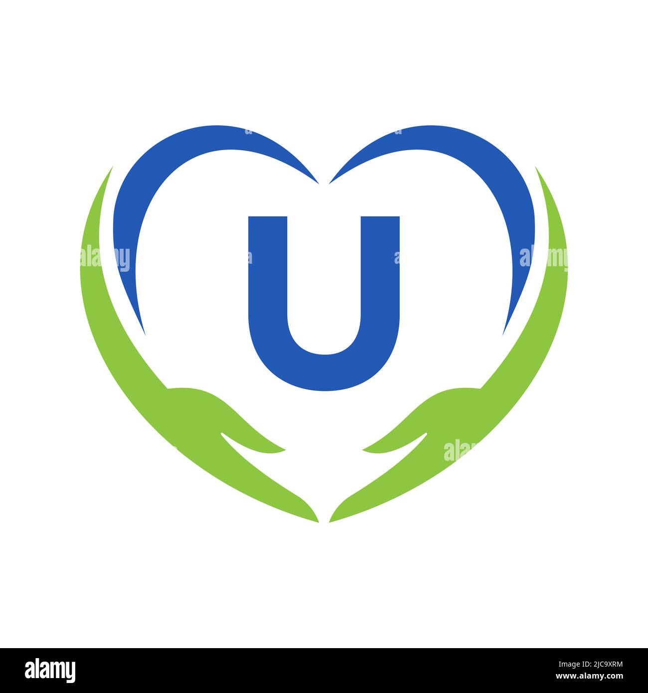 Logo Hand Care sulla lettera U. Letter U Logo Charity, Healthcare Care, Fondazione con simbolo della mano Illustrazione Vettoriale
