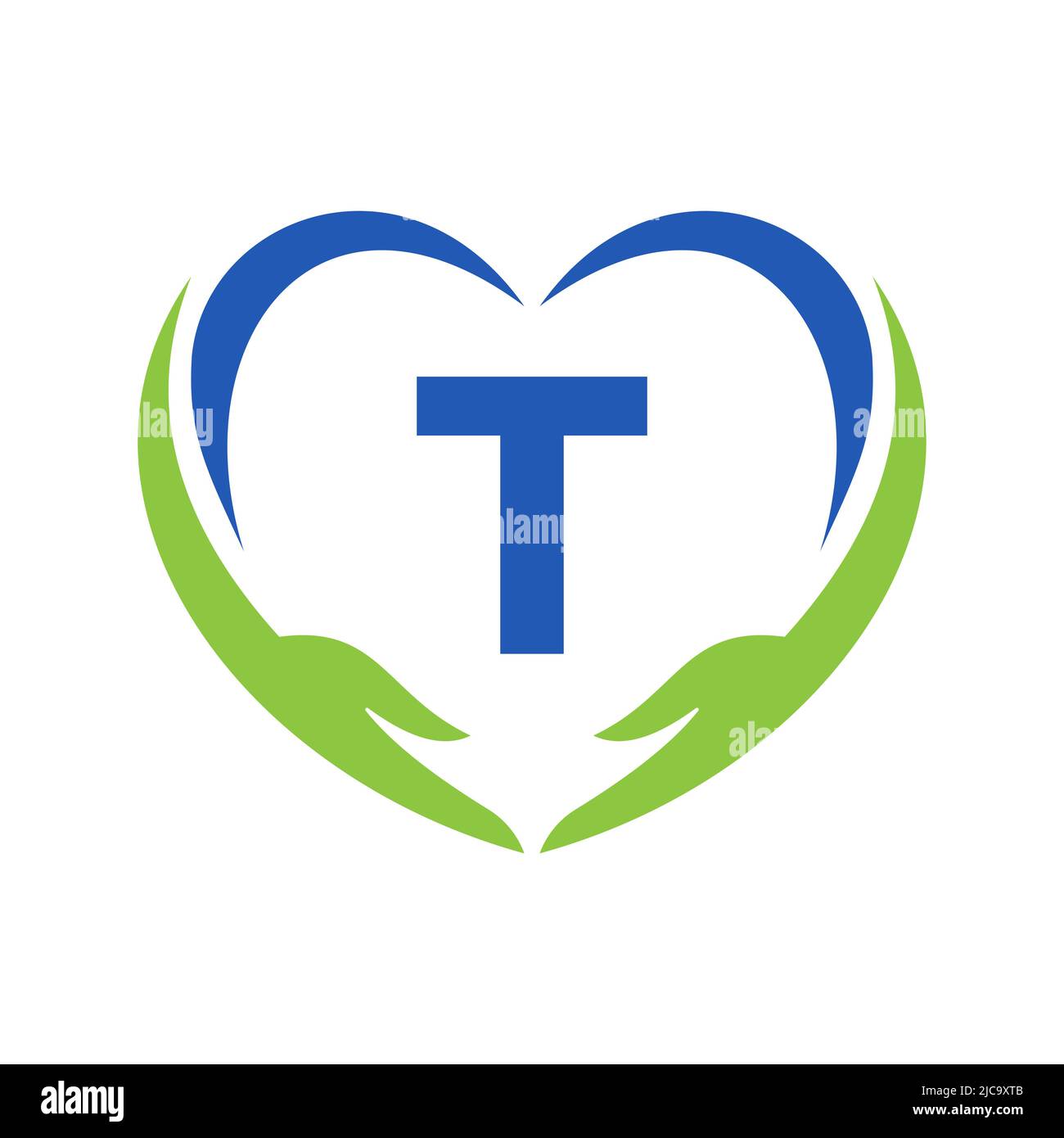 Logo Hand Care sulla lettera T. Letter T Logo Charity, Healthcare Care, Fondazione con simbolo della mano Illustrazione Vettoriale