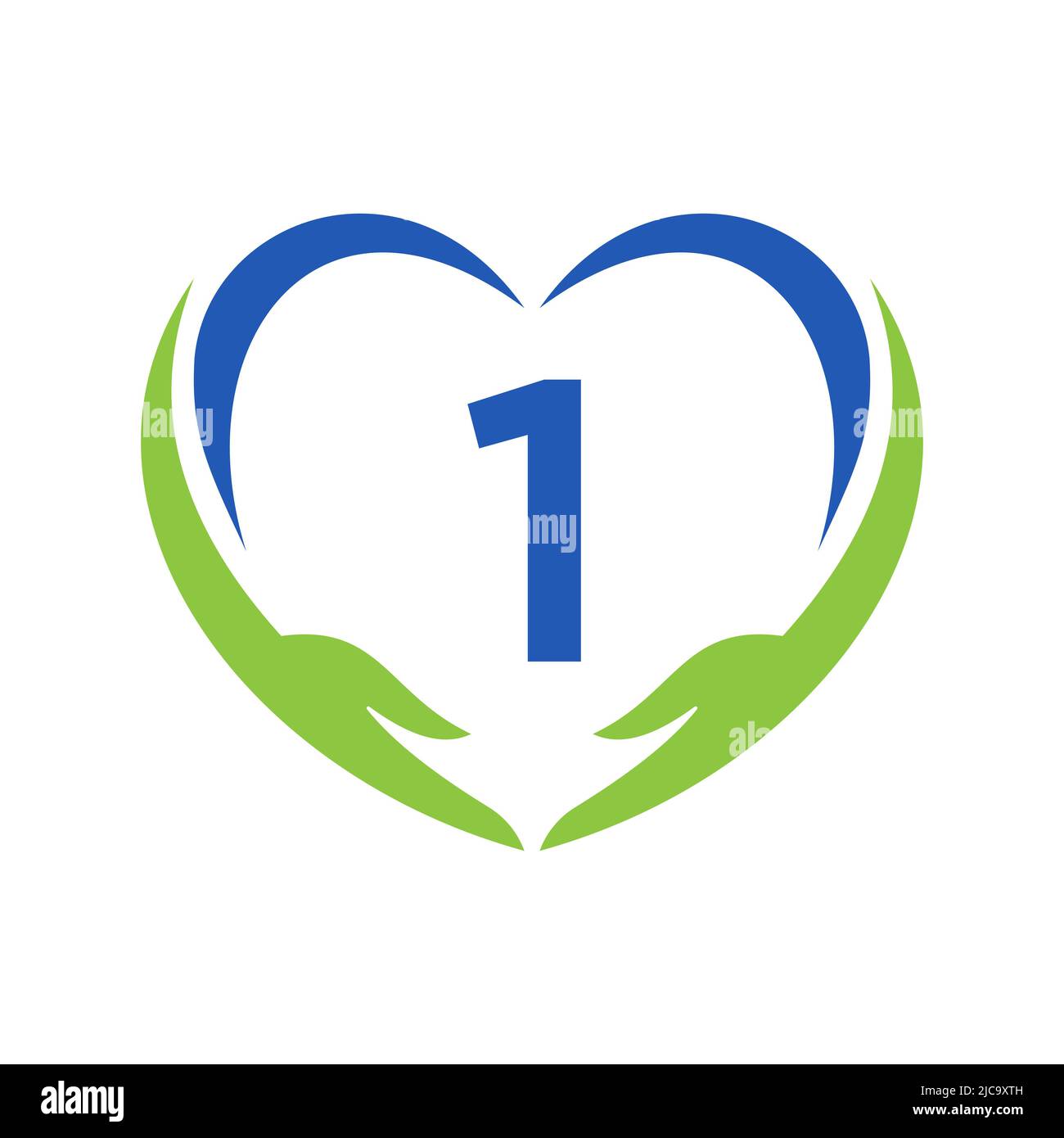 Logo per la cura della mano su lettera 1. Lettera 1 Logo di beneficenza, Assistenza sanitaria, Fondazione con simbolo della mano Illustrazione Vettoriale