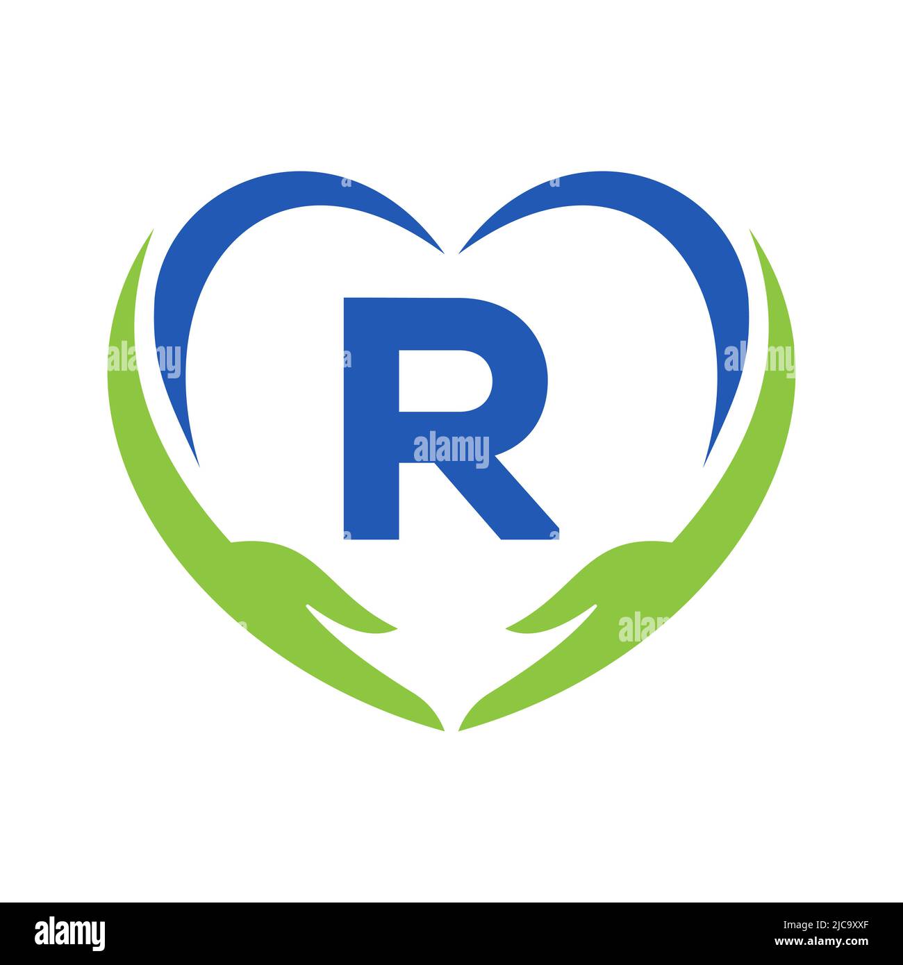 Logo Hand Care sulla lettera R. lettera R Logo Charity, Healthcare Care, Fondazione con simbolo della mano Illustrazione Vettoriale