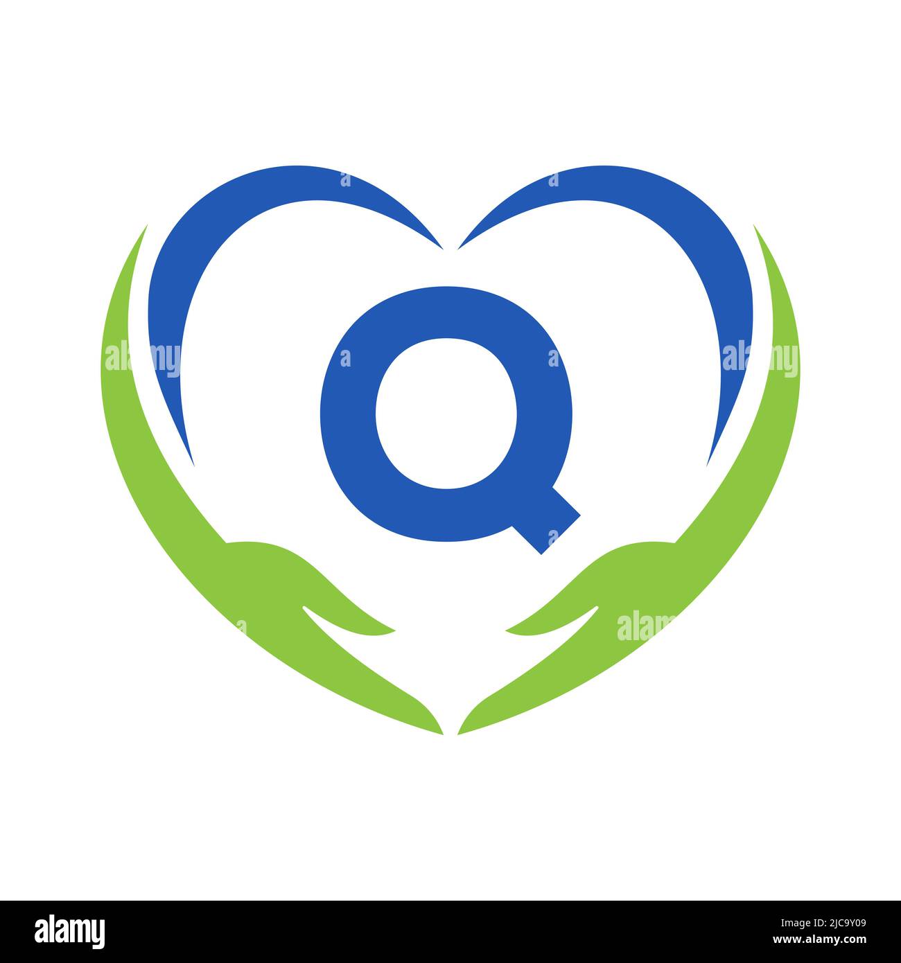 Logo per la cura della mano sulla lettera Q. lettera Q Logo per la beneficenza, Assistenza sanitaria, Fondazione con simbolo della mano Illustrazione Vettoriale