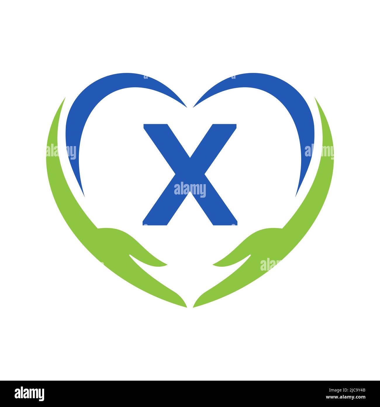 Logo Hand Care sulla lettera X. lettera X Logo Charity, Healthcare Care, Fondazione con simbolo Hand Illustrazione Vettoriale