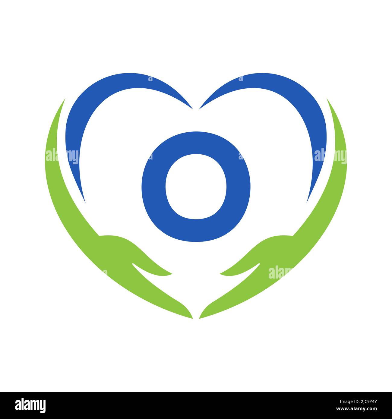 Logo per la cura della mano sulla lettera O. lettera o Logo per la beneficenza, Assistenza sanitaria, Fondazione con simbolo della mano Illustrazione Vettoriale