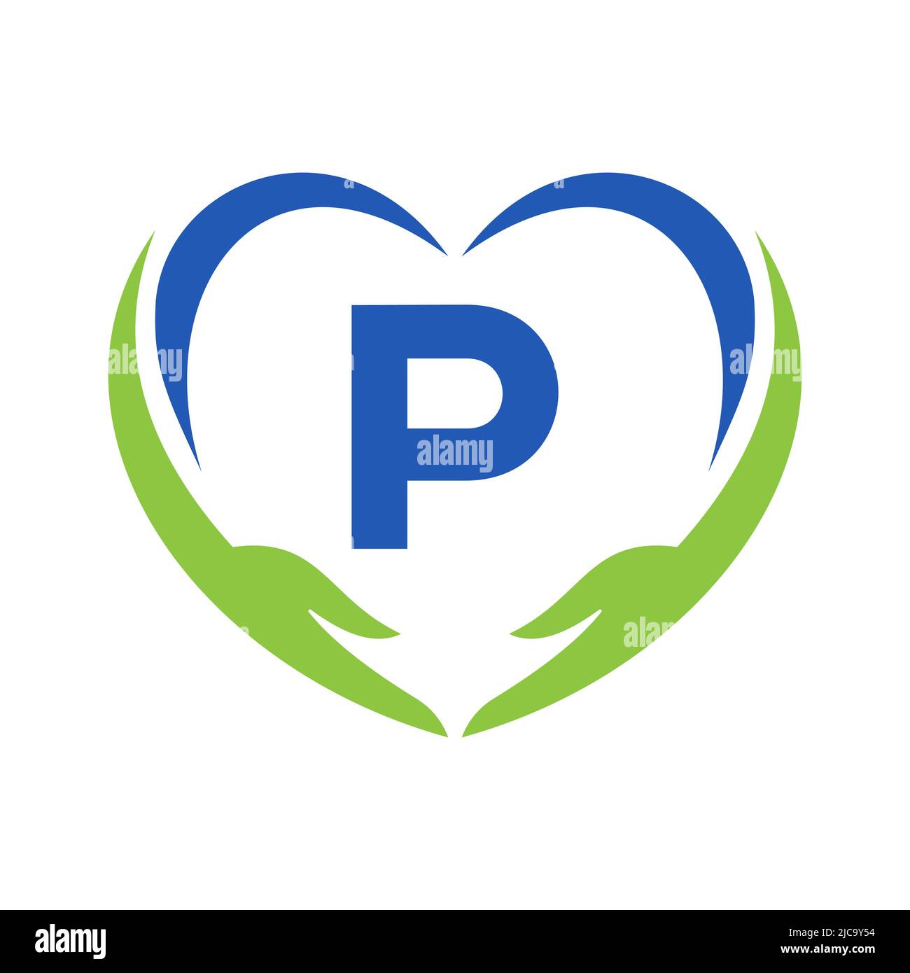 Logo Hand Care sulla lettera P. Letter P Logo Charity, Healthcare Care, Fondazione con simbolo della mano Illustrazione Vettoriale