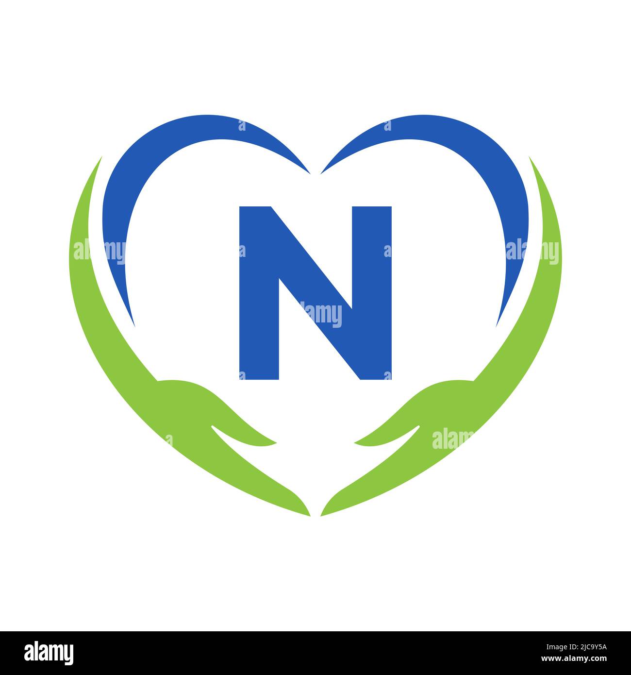 Logo Hand Care sulla lettera N. lettera N Logo Charity, Healthcare Care, Fondazione con simbolo Hand Illustrazione Vettoriale
