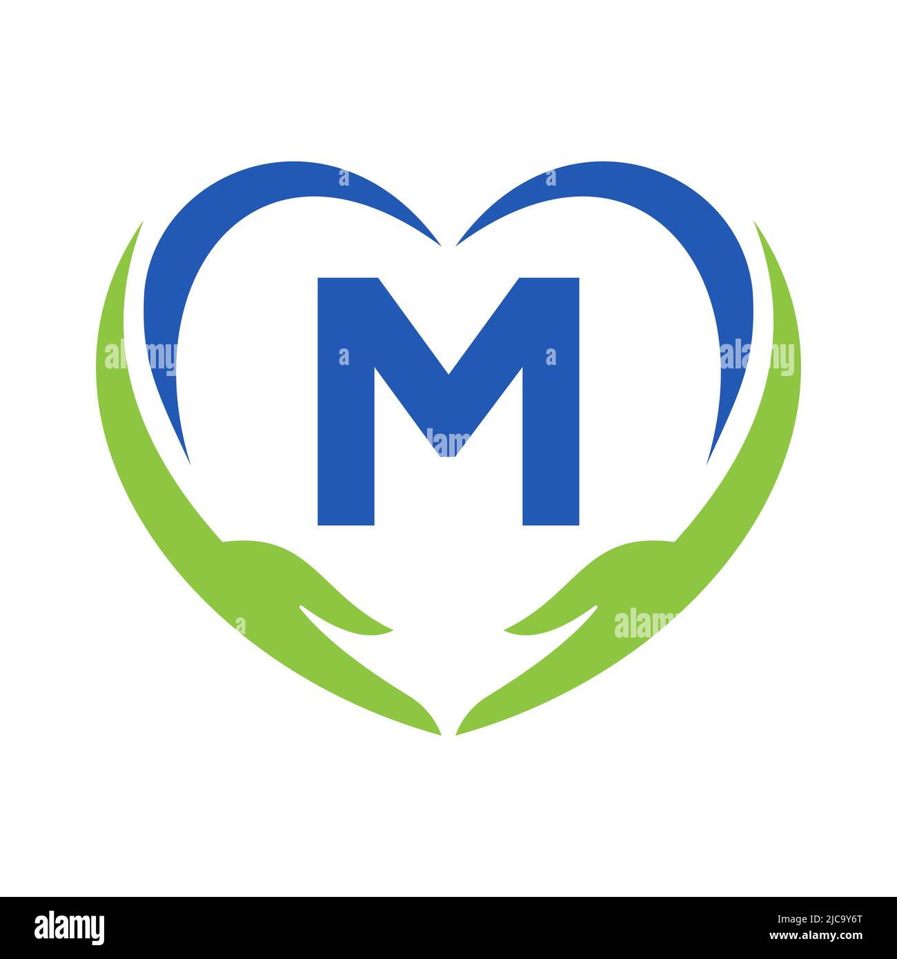 Logo Hand Care sulla lettera M. Letter M Logo Charity, Healthcare Care, Fondazione con simbolo della mano Illustrazione Vettoriale