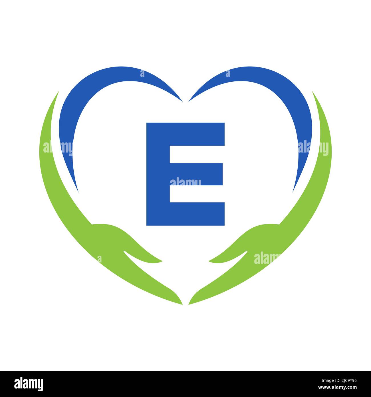 Logo Hand Care sulla lettera E. lettera e logo Charity, Healthcare Care, Fondazione con simbolo Hand Illustrazione Vettoriale