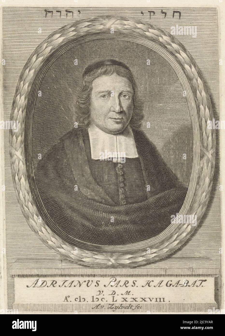 Ritratto di Adriaan Pars, pastore a Katwijk, in una cornice ovale sopra la cornice un testo in ebraico, Ritratto di Adriaan Pars, tipografo: Anthony van Zijlvelt, (menzionato sull'oggetto), Johannes Jens, (menzionato sull'oggetto), A. Dekker, (Citato in oggetto), Amsterdam, 1688 e/o 1719, carta, incisione, incisione, stampa su carta intestata, h 137 mm x l 97 mm, h 261 mm x l 144 mm Foto Stock