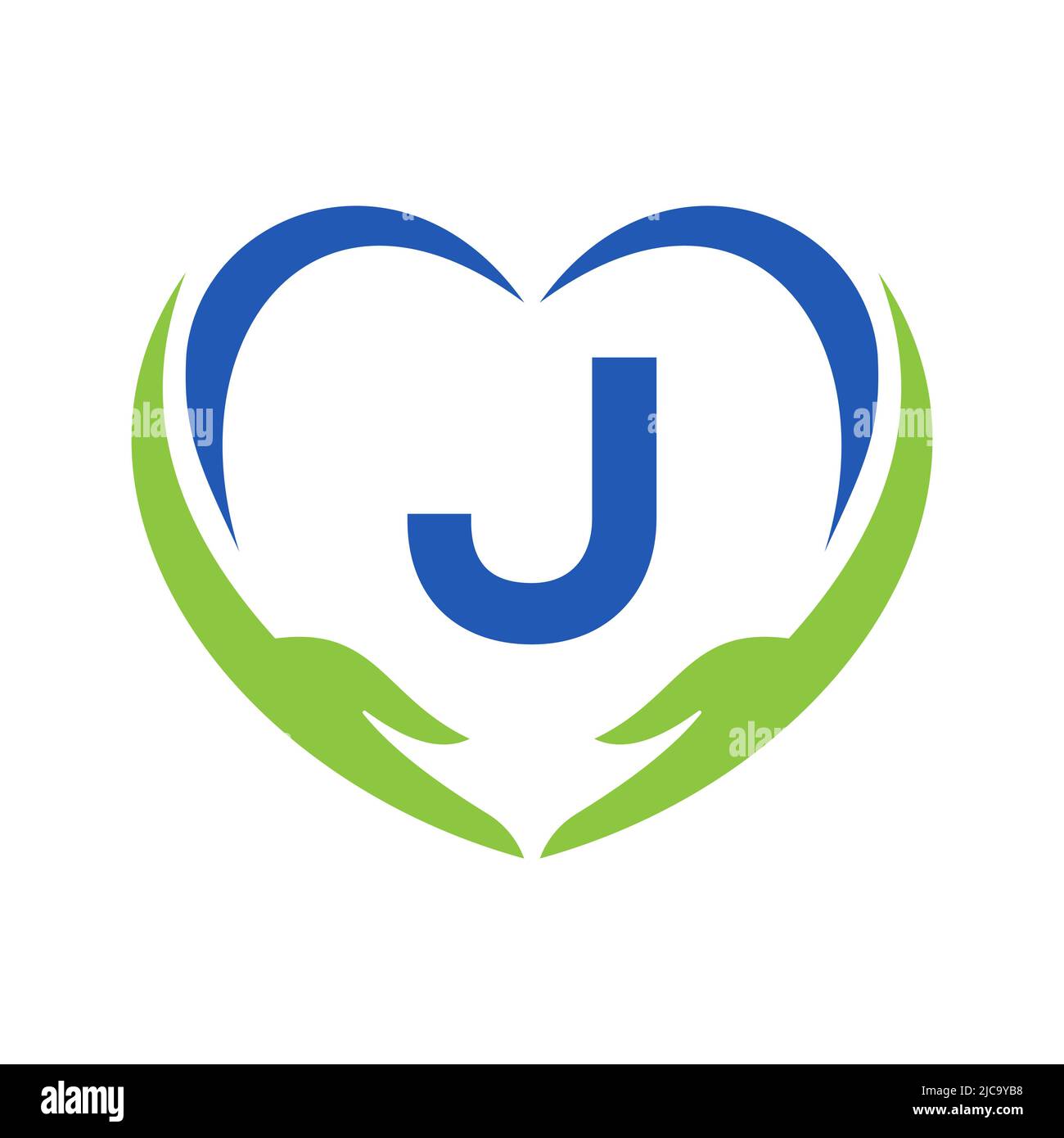 Logo Hand Care sulla lettera J. Letter J Logo Charity, Healthcare Care, Fondazione con simbolo Hand Illustrazione Vettoriale