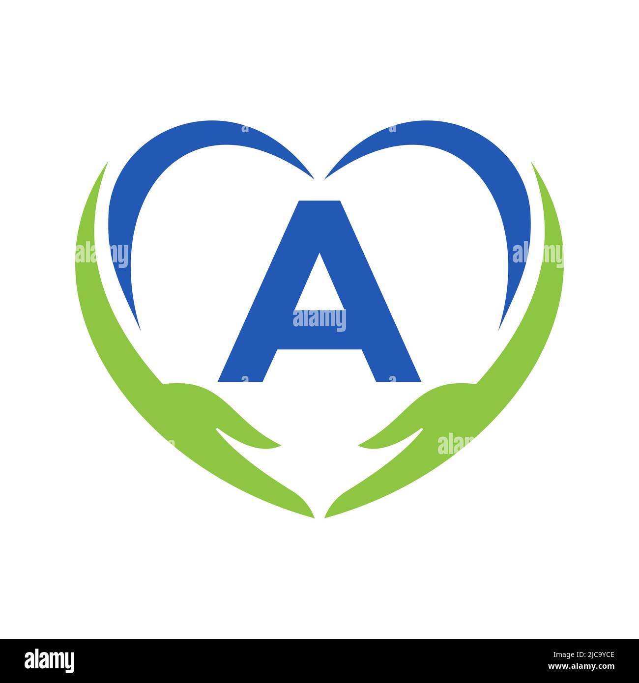Logo per la cura della mano sulla lettera A. lettera A Logo per la beneficenza, Assistenza sanitaria, Fondazione con simbolo della mano Illustrazione Vettoriale