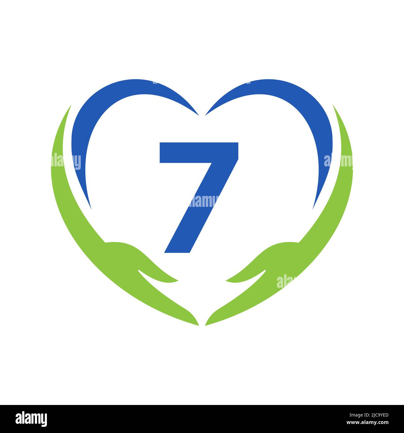 Logo per la cura della mano su lettera 7. Lettera 7 Logo di beneficenza, Assistenza sanitaria, Fondazione con simbolo della mano Illustrazione Vettoriale