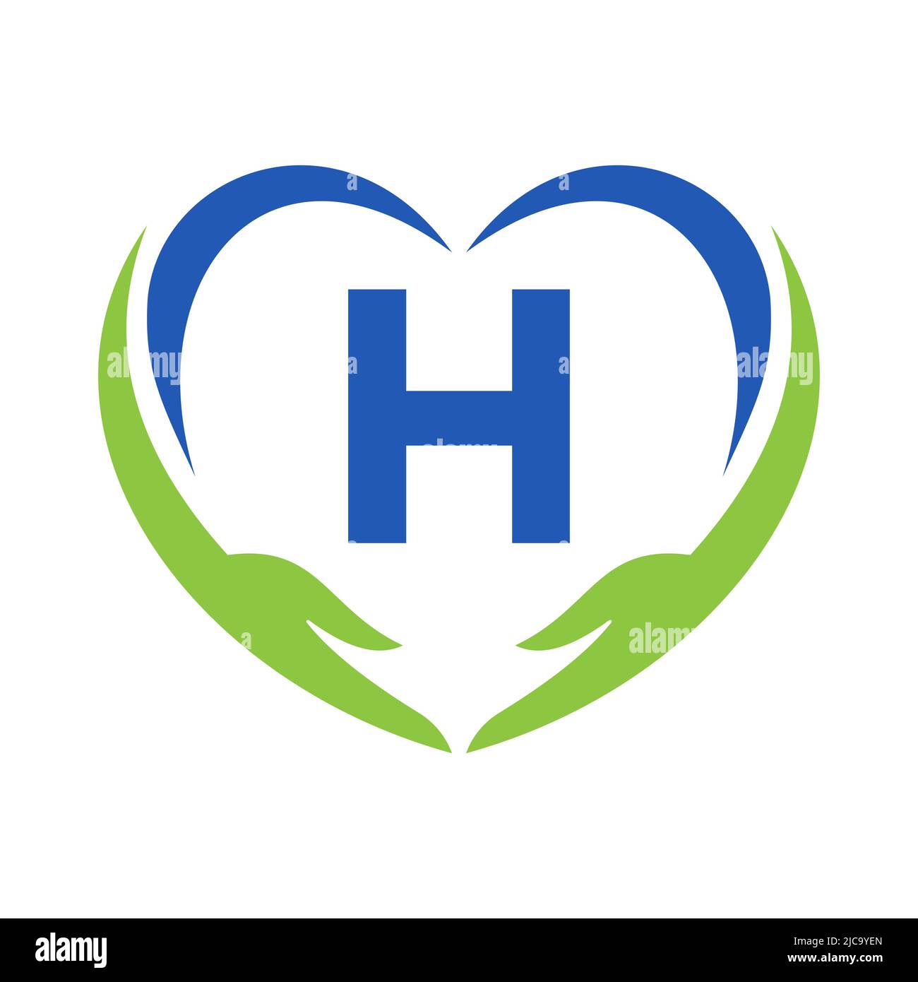 Logo Hand Care sulla lettera H. Letter H Logo Charity, Healthcare Care, Fondazione con simbolo della mano Illustrazione Vettoriale