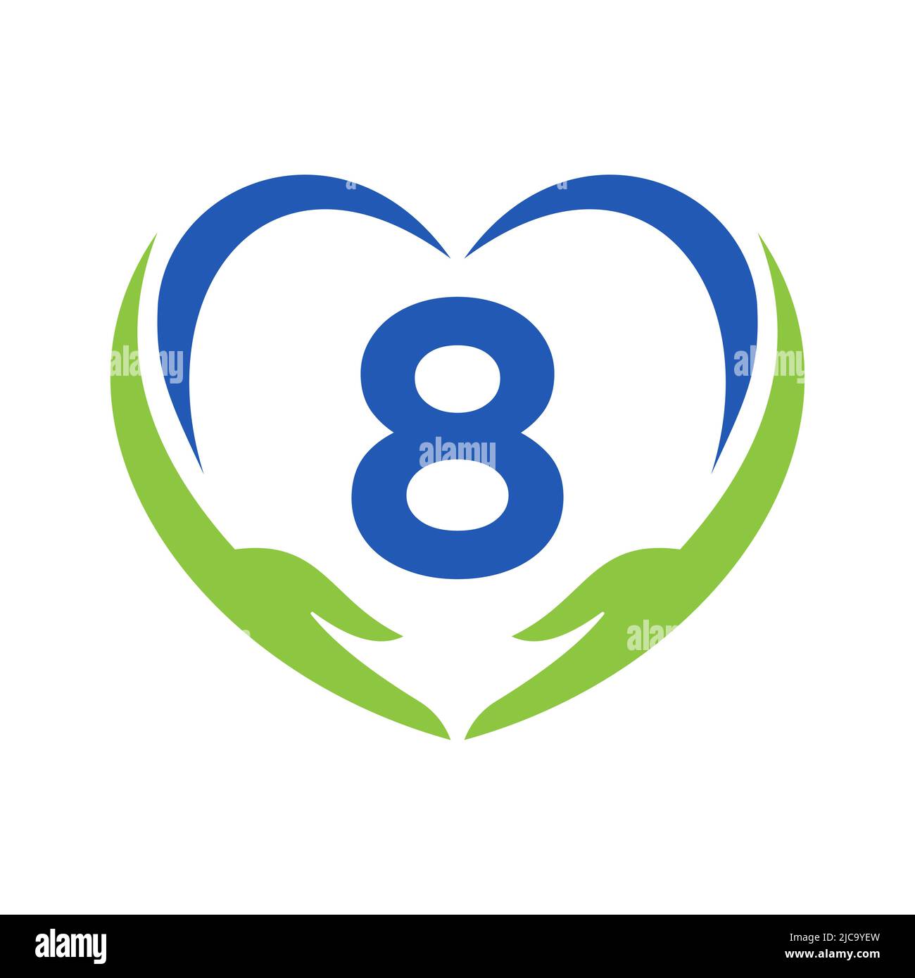 Logo per la cura della mano su lettera 8. Lettera 8 Logo di beneficenza, Assistenza sanitaria, Fondazione con simbolo della mano Illustrazione Vettoriale