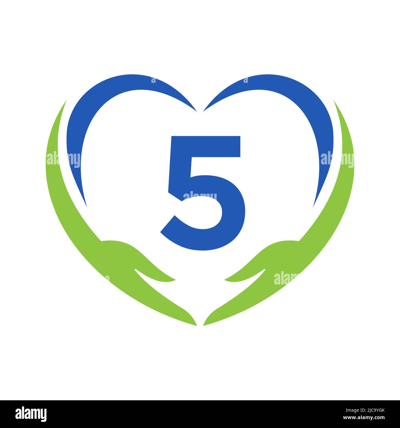 Logo per la cura della mano su lettera 5. Lettera 5 Logo di beneficenza, Assistenza sanitaria, Fondazione con simbolo della mano Illustrazione Vettoriale