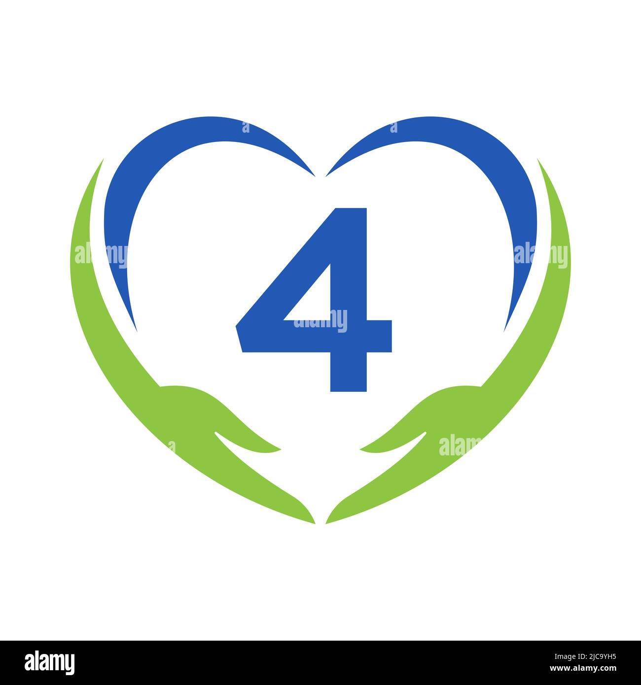 Logo per la cura della mano su lettera 4. Lettera 4 Logo di beneficenza, Assistenza sanitaria, Fondazione con simbolo della mano Illustrazione Vettoriale