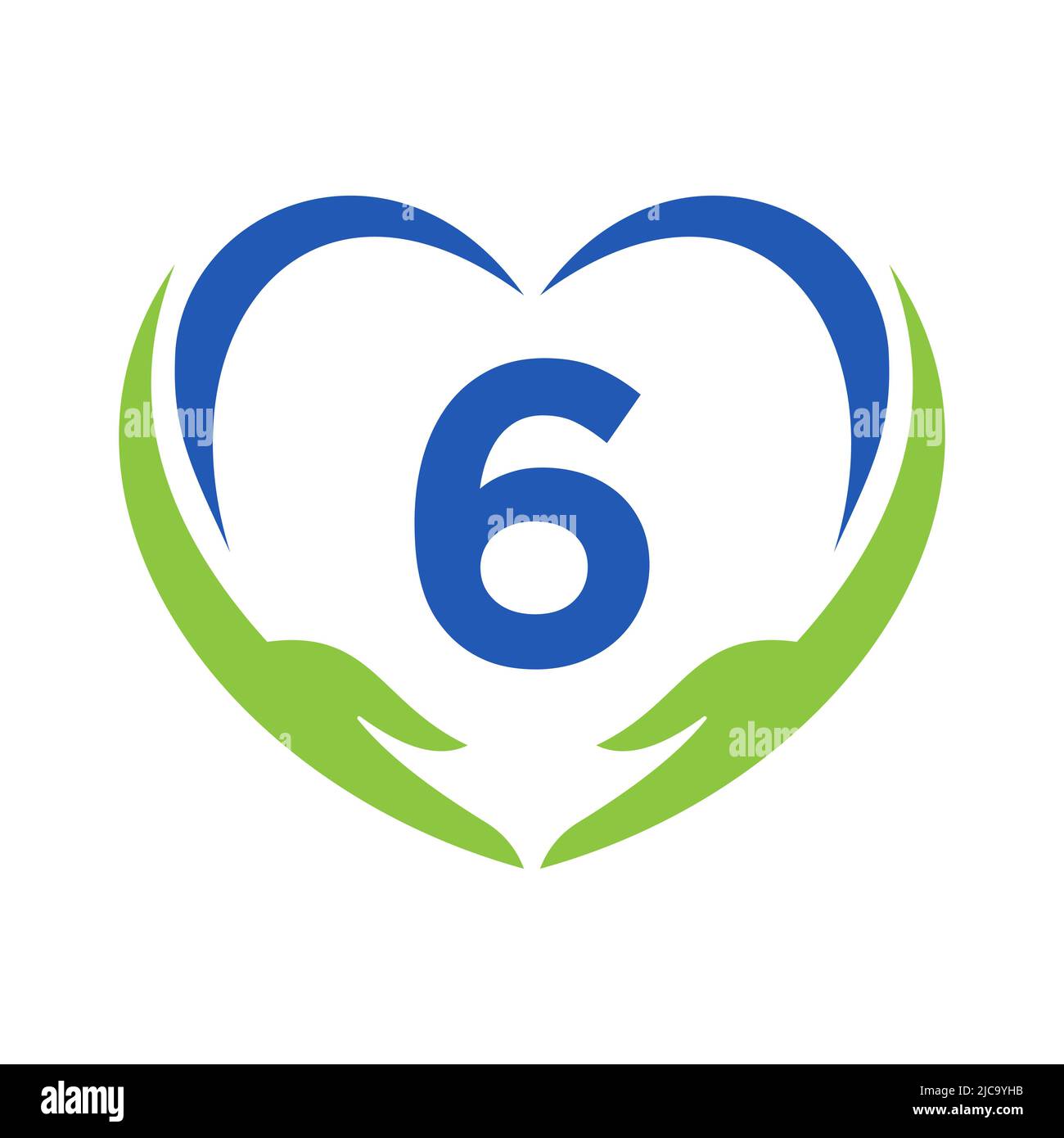 Logo per la cura della mano su lettera 6. Lettera 6 Logo di beneficenza, Assistenza sanitaria, Fondazione con simbolo della mano Illustrazione Vettoriale