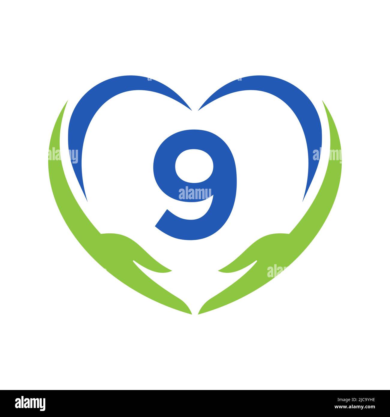 Logo per la cura della mano su lettera 9. Lettera 9 Logo di beneficenza, Assistenza sanitaria, Fondazione con simbolo della mano Illustrazione Vettoriale