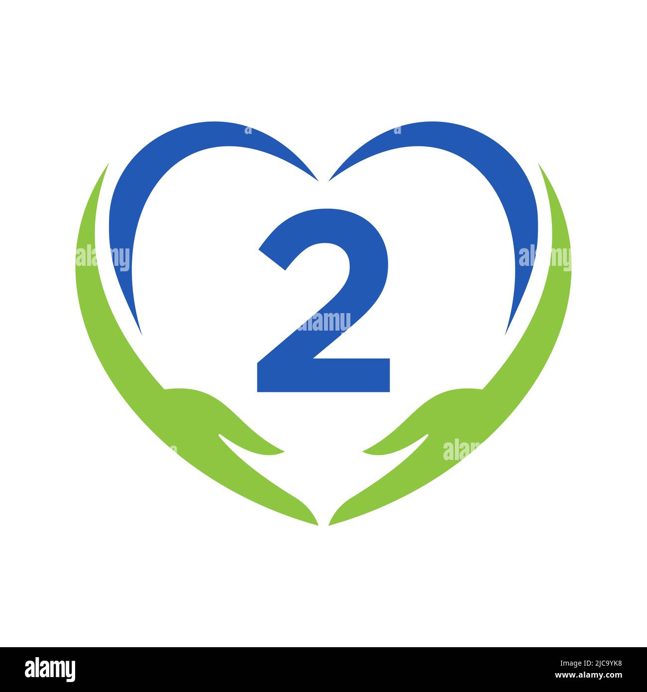 Logo per la cura della mano su lettera 2. Lettera 2 Logo di beneficenza, Assistenza sanitaria, Fondazione con simbolo della mano Illustrazione Vettoriale