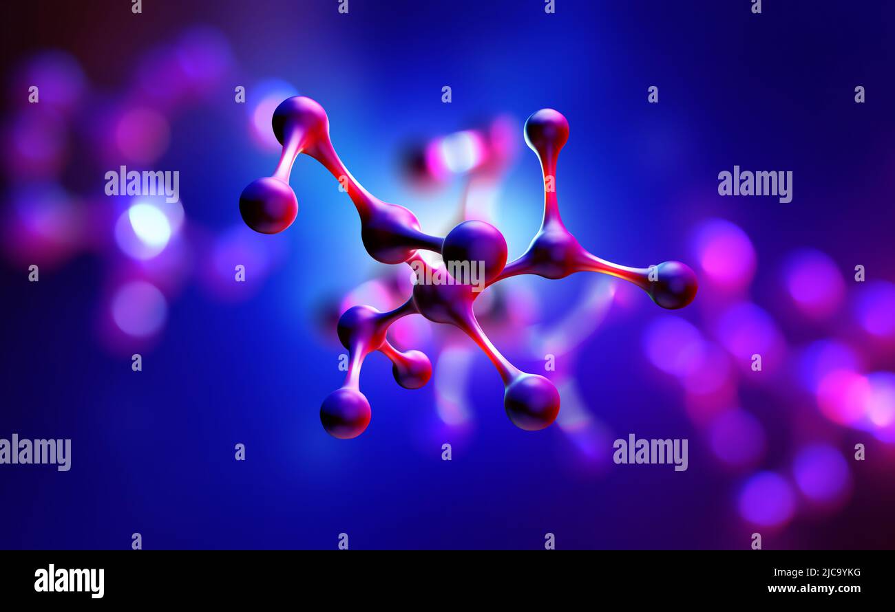 Illustrazione della molecola 3D. Laboratorio, molecole, reticolo cristallino. Ricerca nanotech. Decodifica del genoma. Modellazione virtuale dei processi chimici. Hi-tech Foto Stock