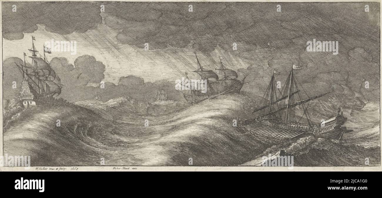 Galera ed altri vasi in una tempesta di mare tempeste di mare, stampatore: Wenceslaus Hollar, (menzionato sull'oggetto), Wenceslaus Hollar, (menzionato sull'oggetto), editore: Peter stent, (Menzionato sull'oggetto), Londra, 1665, carta, incisione, a 123 mm x l 271 mm Foto Stock