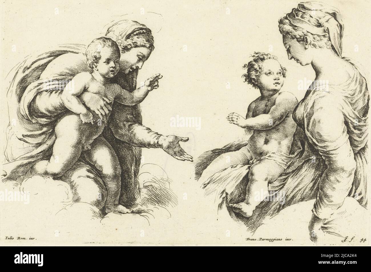 A sinistra Maria con bambino nelle nuvole Cristo fa un gesto di parola a destra, Maria con Cristo in grembo, due volte Maria con bambino paradigma grapices variorum artificium , tipografo: Jan de Bisschop, (menzionato in oggetto), Giulio Romano, (menzionato in oggetto), disegnatore intermedio: Giulio Romano, (attribuito a), Paesi Bassi del Nord, 1668-1671, carta, incisione, h 153 mm x l 226 mm Foto Stock