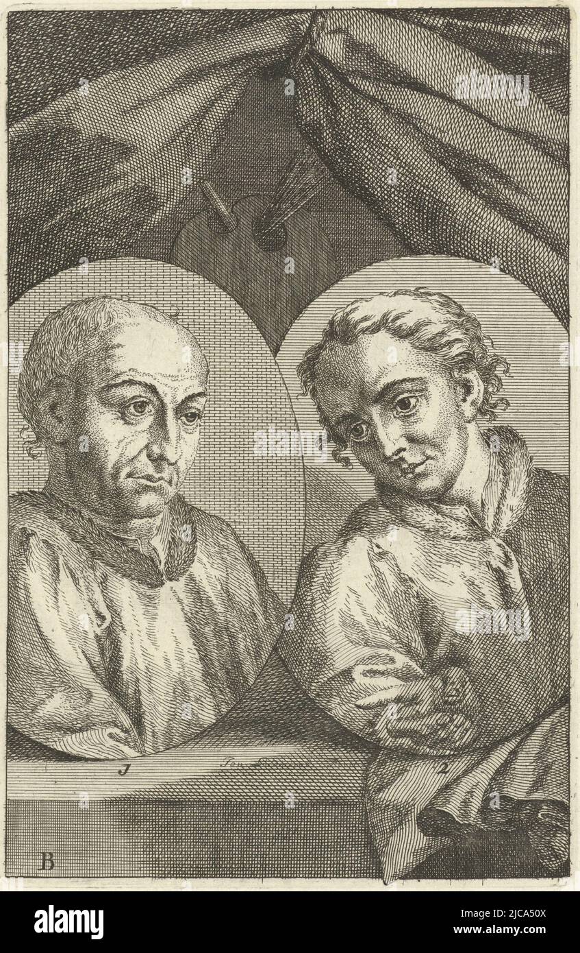 Doppio ritratto dei pittori Jan e Hubert van Eyck nrs 1 e 2 Stampa in basso a sinistra: B, doppio ritratto di Jan e Hubert van Eyck, tipografia: Jan l'Admiral, (menzionato sull'oggetto), 1764, carta, incisione, a 156 mm x l 102 mm Foto Stock