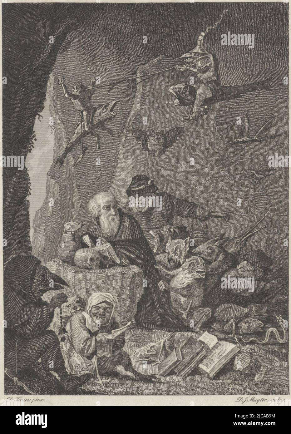 Sant'Antonio è inginocchiato a pregare in una grotta su una roccia di fronte a lui sono un libro e un teschio intorno a lui, demoni volare, camminare e sedersi sotto forma di animali meravigliosamente modellati o persone con arti animali a terra giacciono libri, La tentazione di Sant'Antonio , tipografo: Dirk Jurriaan Sluyter, (menzionato sull'oggetto), dopo: David Teniers, (menzionato sull'oggetto), Amsterdam, nel 1840 o prima, carta, incisione, incisione, h 139 mm x l 100 mm Foto Stock