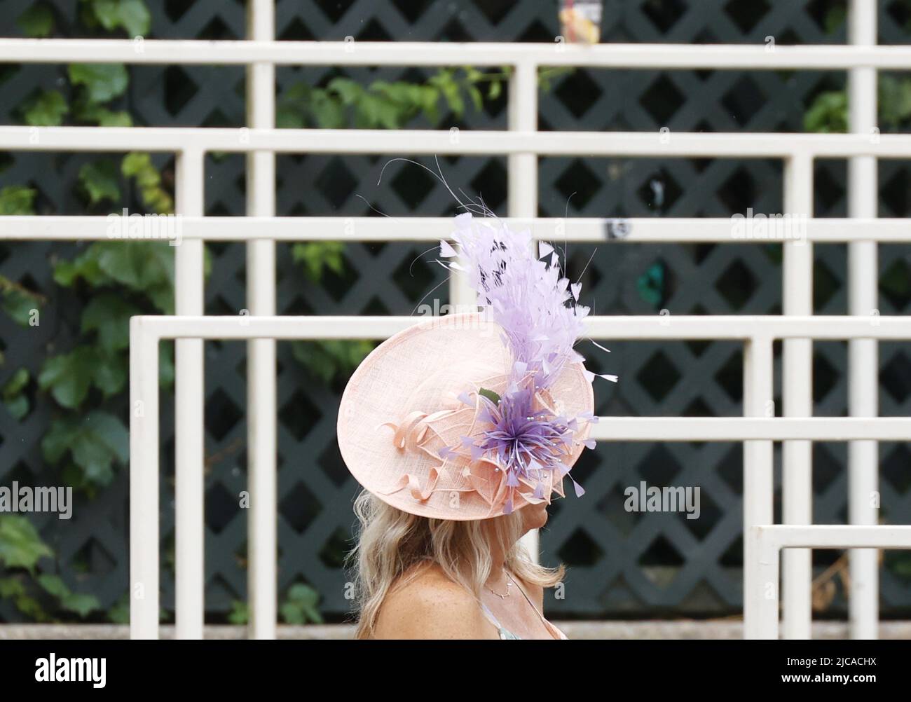 Elmont, Stati Uniti. 11th giugno 2022. Una donna che indossa un cappello decorativo si trova vicino al Paddock nelle ore precedenti la corsa 154th dei Belmont Stakes a Elmont, New York, sabato 11 giugno 2022. Foto di John Angelillo/UPI Credit: UPI/Alamy Live News Foto Stock