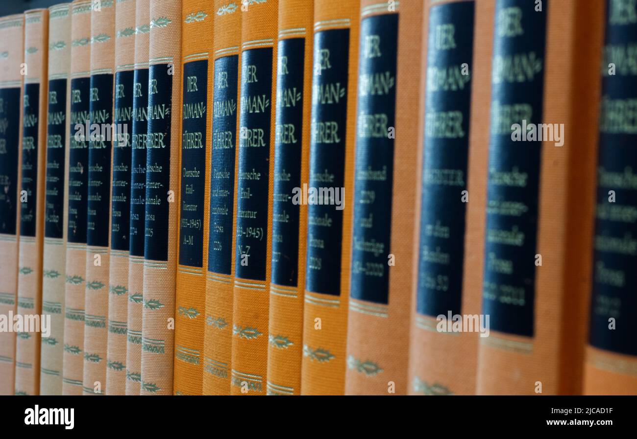 Dorso di libro arancione di fila Foto Stock