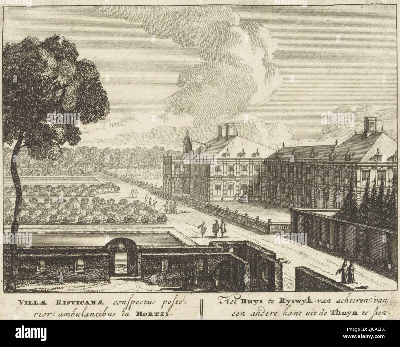 Vista obliqua della parte posteriore di Huis ter Nieuburch a Rijswijk, parte posteriore di Huis ter Nieuburch a Rijswijk con bastioni Vista della Huys te Ryswyk da dietro da un altro lato del giardino Villae Risvicanae vista posteriore di Huis ter Nieuburch a Rijswijk , tipografia: Pieter Schenk (i), (menzionato in oggetto), editore: Pieter Schenk (i), (menzionato in oggetto), Staten van Holland en West-Friesland, (menzionato in oggetto), Amsterdam, 1697, carta, incisione, h 160 mm x l 196 mm Foto Stock